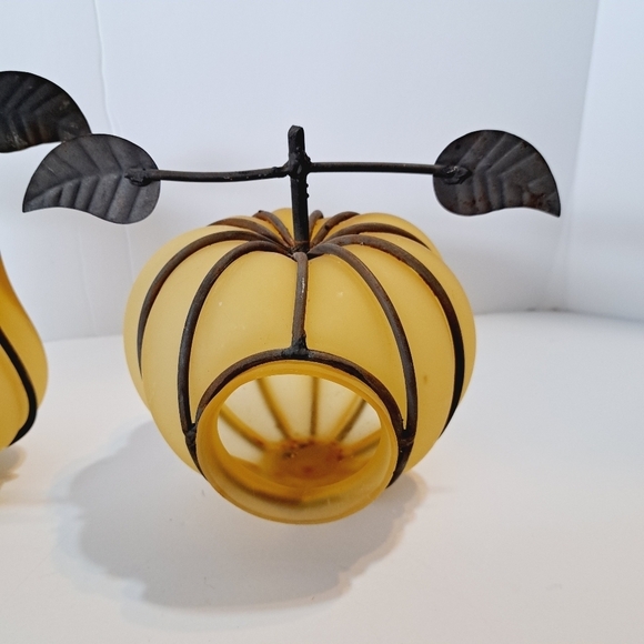 Vintage Frosted Blown Rod Iron Caged Fruit Votive Candle Holders - Picture 2 of 7